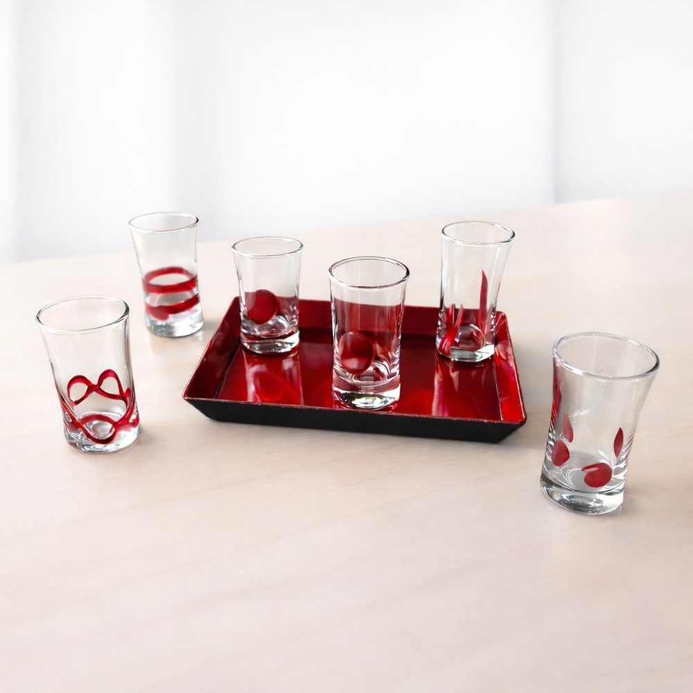 Pier 1 Imports Shot Glass Set Red Art Glass Tray Modern Bar Barware 7pc